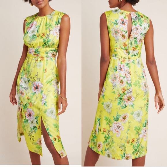 Anthropologie NWOT Sparrow Silk Blend Yellow Floral Midi Dress 10P - Picture 6 of 13